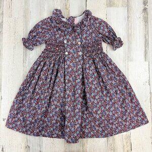 La Coqueta Arcadia Red Blue Floral Dress Hand Smocked Girls Sz 5
